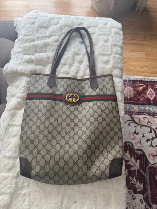 Gucci Monogram Canvas Tote with Web Stripe and Double G - Picture 1 of 11
